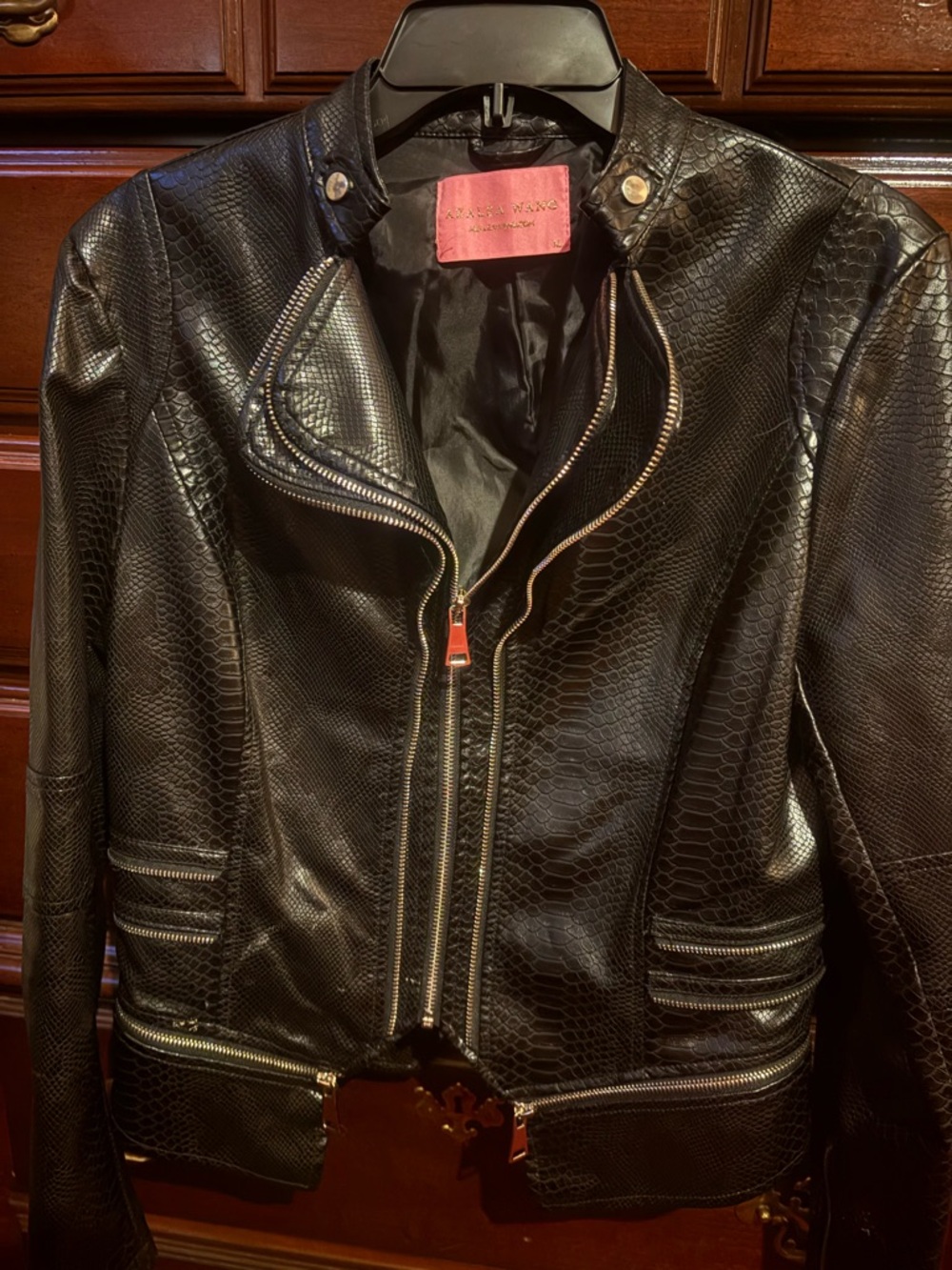 AZALEA WANG Black Faux Snakeskin Moto Jacket